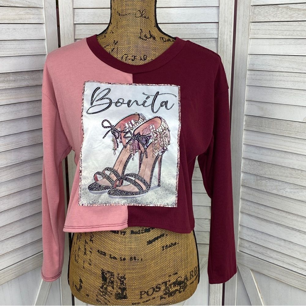 Love J Ribbed Beaded Shoes Bonita Crop Tee Shirt‎ Color Block Maroon Pink Large